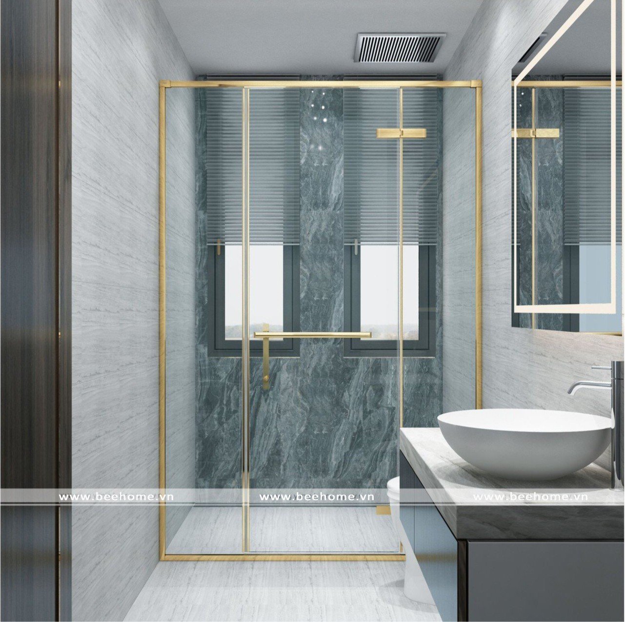 Cabin tắm kính 180 độ khung vàng